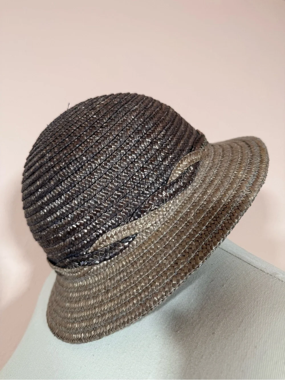 Vintage Italian Brandeis natural straw Grey tan Art deco short brim sun hat - Picture 5 of 17